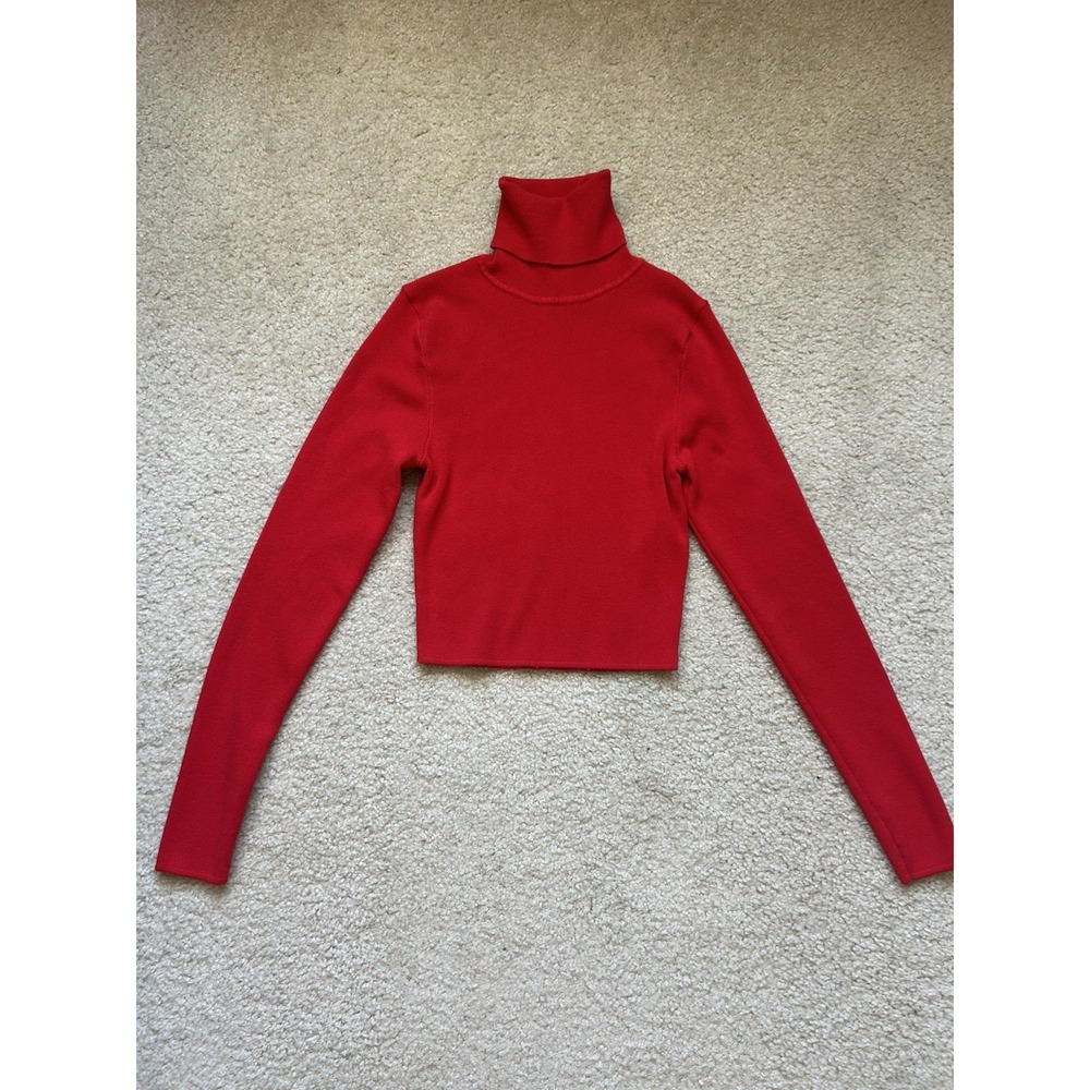 Zara Ribbed Turtle Neck Long Sleeve Slim Fit Waist Crop S Women's Red Pop of Red